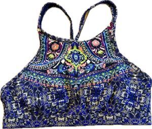 Athleta Bikini Top Womens Size M Blue Geometric High Neck Racerback Swim